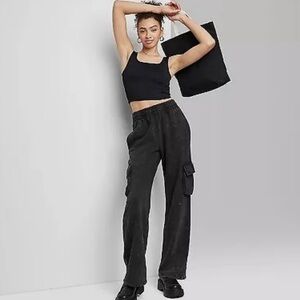 Women's High-Rise Wide Leg Fleece Cargo Pants - Wild Fable Black Wash Size L